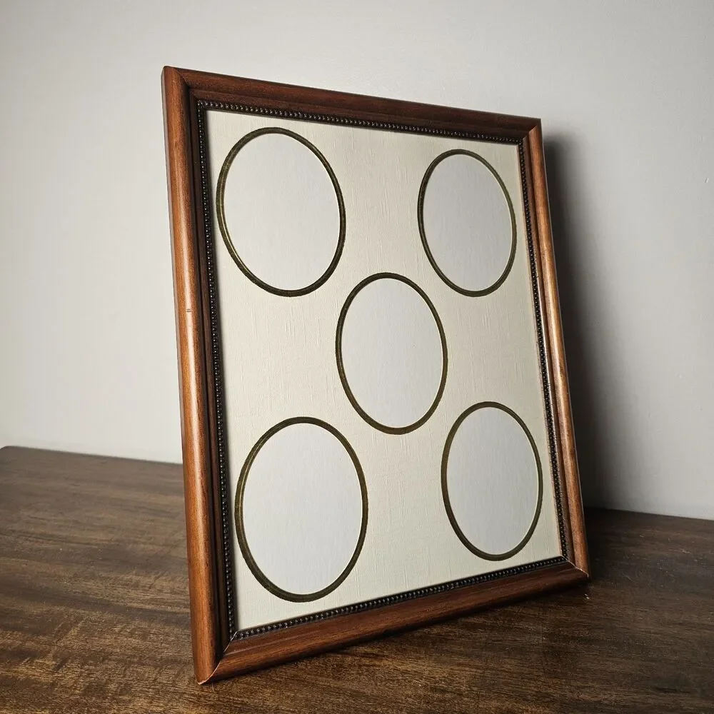 Vintage Collage 5 Photo Wood Picture Frame Oval Openings Gold Matting 12